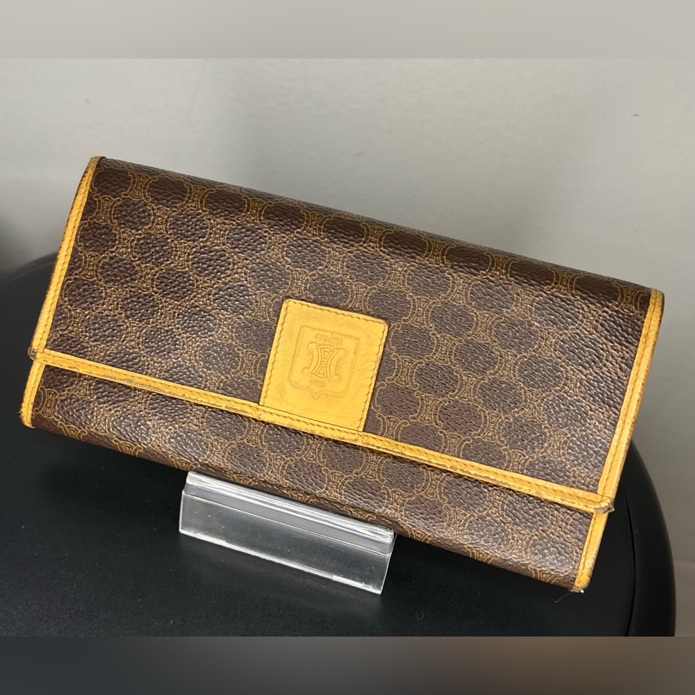 Vintage Celine Macadam Long Bifold Wallet Brown Tan Leather Trim